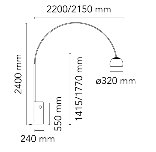 Flos Arco E27, design Castiglioni, 1962, dimensioni